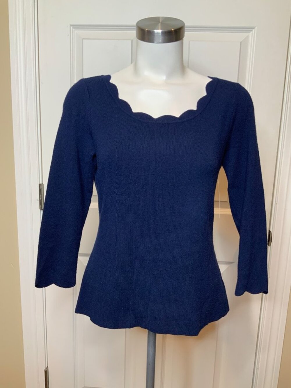 Milly Navy Blue Ribbed Knit Sweater W/ Scalloped Neckline, Size M